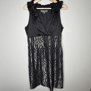 Donna Ricco‎ Black Lace Cocktail Dress Champagne Metallic Sleeveless Ruffle 12